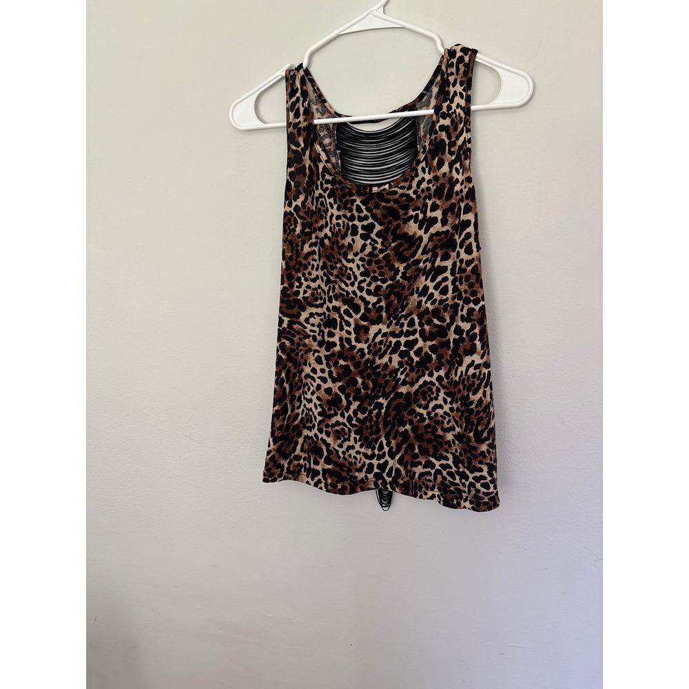 Love J Tank Top Womens Medium Brown Leopard Print Excellent Shredded Back Edgy